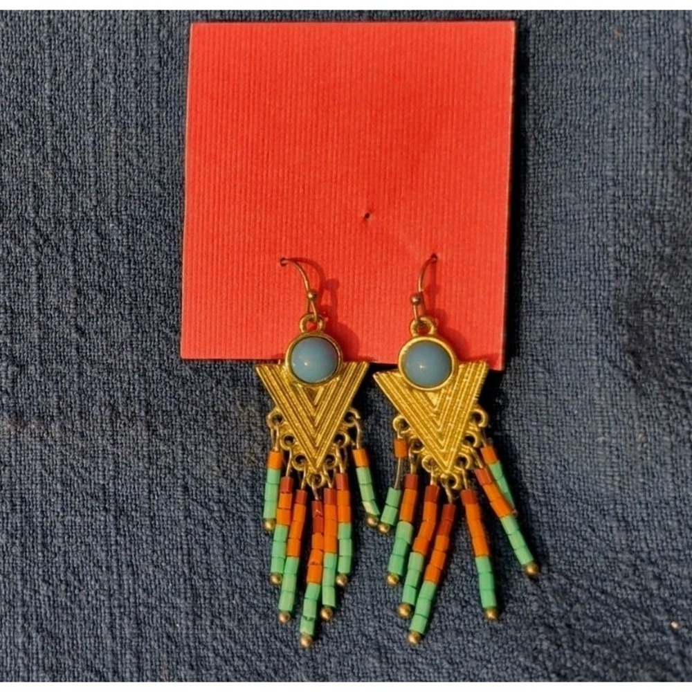 Southwestern Style BEADED Chandelier EARRINGS W/ Gold Tone Base & Faux Turquoise